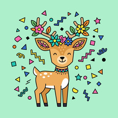 Naklejka premium Cute deer with flowers and confetti, festive illustration