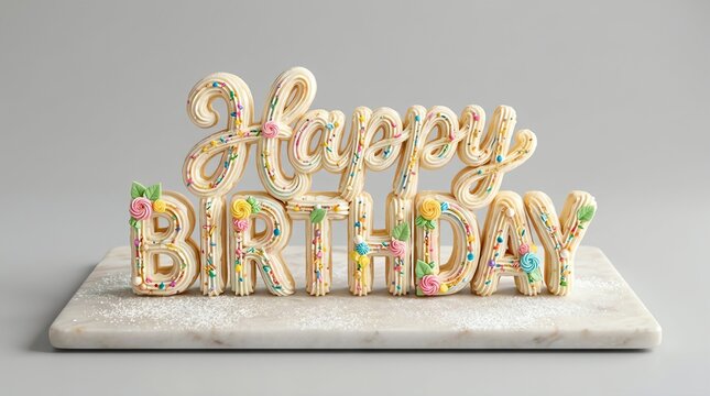 Decorative happy birthday lettering made from creamy white frosting with colorful sprinkles and tiny sugar flowers on a marble board