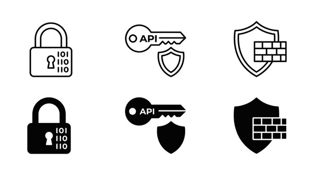 Digital security and network firewall icon set featuring binary lock and api protection symbols security protection