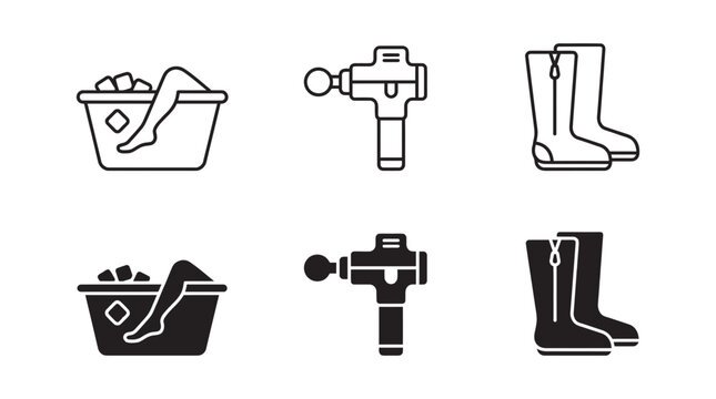 Wellness and therapy icons including ice bath recovery percussion massage gun and footwear with wellness, recovery