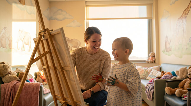 An art therapist painting alongside a smiling young patient, in a warm pediatric ward decorated with soft colors