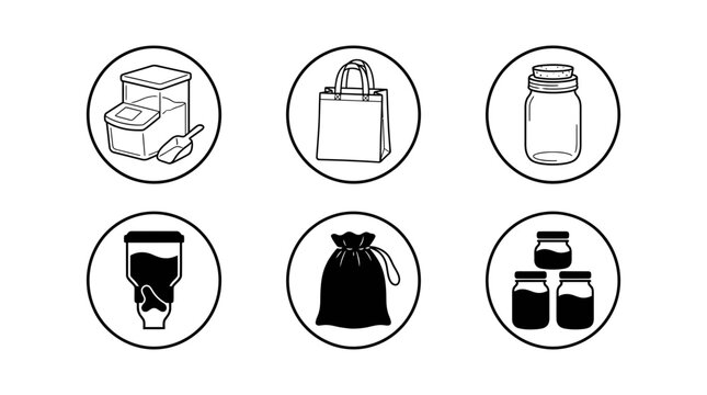 Set of zero waste lifestyle and sustainable storage icons with container reusable sustainable illustration material