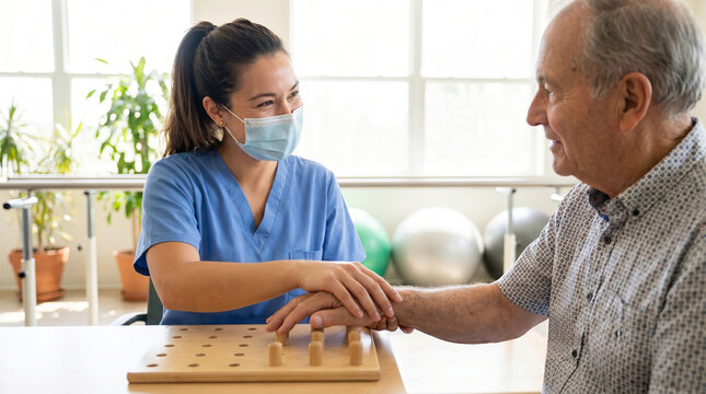 A rehabilitation aide guiding a patients hand through a gentle exercise, in a bright rehabilitation room