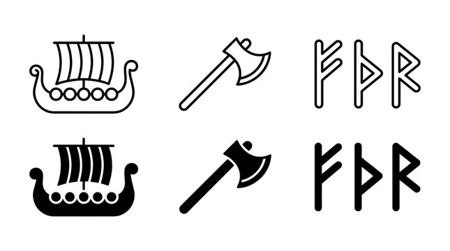 Viking themed iconography set featuring longship axe and ancient runes medieval scandinavian illustration transport