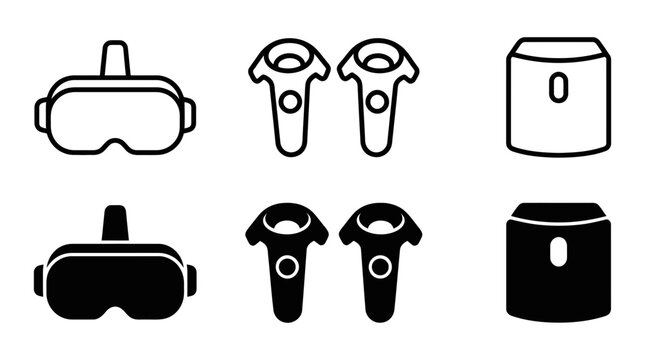 Virtual reality headset and controller equipment icon set with controller headgear technology simulation interactive
