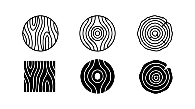 Wood grain and timber ring cross section icons set with circular material illustration abstract silhouette forestry