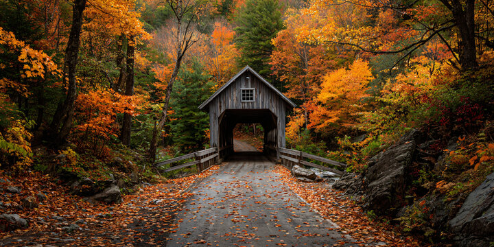Rustic Covered Wooden Bridge in Autumn Forest
