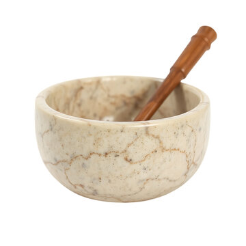 Natural stone mortar and wooden pestle for cooking with culinary preparation equipment handmade crushing seasoning grinding kitchenware traditional isolated background