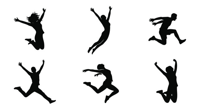 Jumping people silhouettes collection, set of 6 happy person vector figures, active men and women jumping in mid-air, energetic human motion graphics