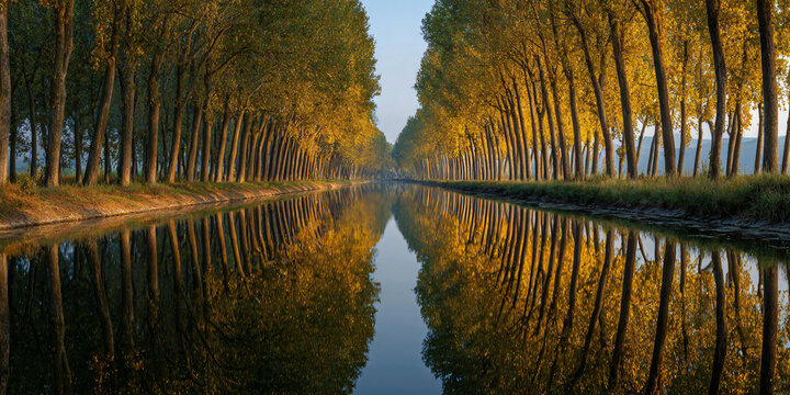 Row of Poplar Trees Reflected in Still Canal Water
