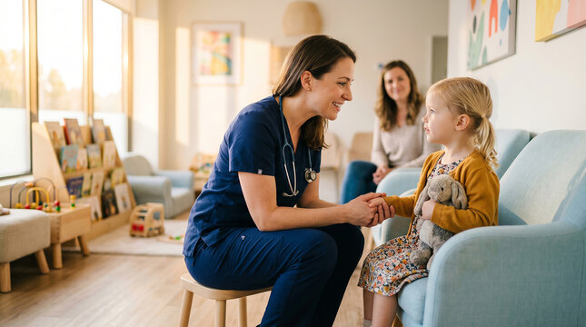 A pediatrician comforting a young child before a checkup, in a warm pediatric ward decorated with soft colors