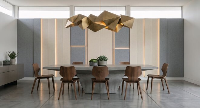 Modern Geometric Dining Room with Faceted Brass Chandelier and Concrete Table