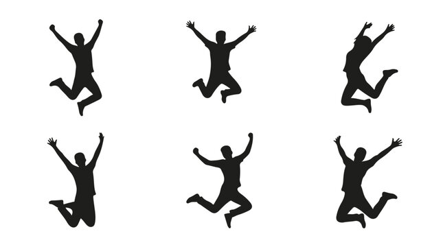 Jumping people silhouettes set, happy man jumping in mid-air vector icons, collection of 6 energetic male figures celebrating success and freedom