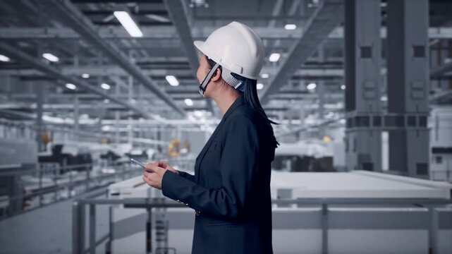 Side View of Asian Businesswoman Use Smartphone While Walking and Looking Around at Modern Solar Panel Manufacturing Factory with Automated Robotic Assembly Line