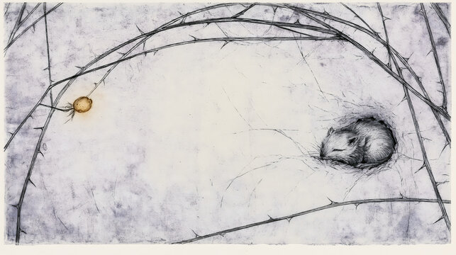 Tiny Sleeping Mouse Curled in a Hollow Surrounded by Thorny Bramble Branches, Drypoint Etching