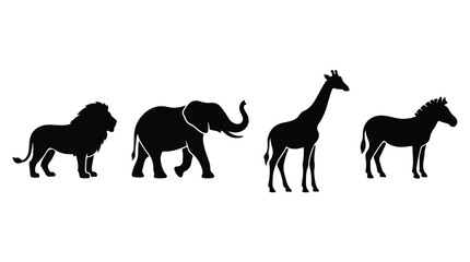 Obraz premium African safari animal silhouettes set, black lion elephant giraffe and zebra vector icons, wild savannah fauna collection on white background