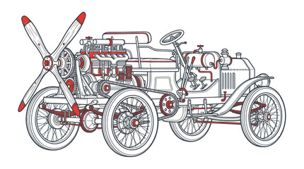 Vintage Automobile with Airplane Propeller and Engine Illustration © rara
