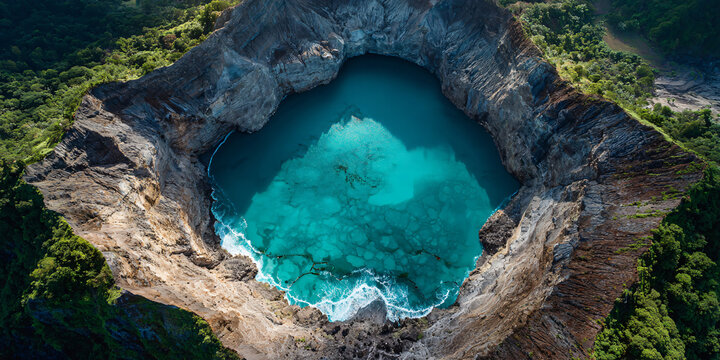 Turquoise Crater Lake Surrounded by Rocky Cliff Walls