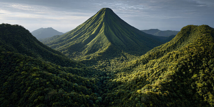 Dormant Volcano Rising Above Valley and Hills Landscape