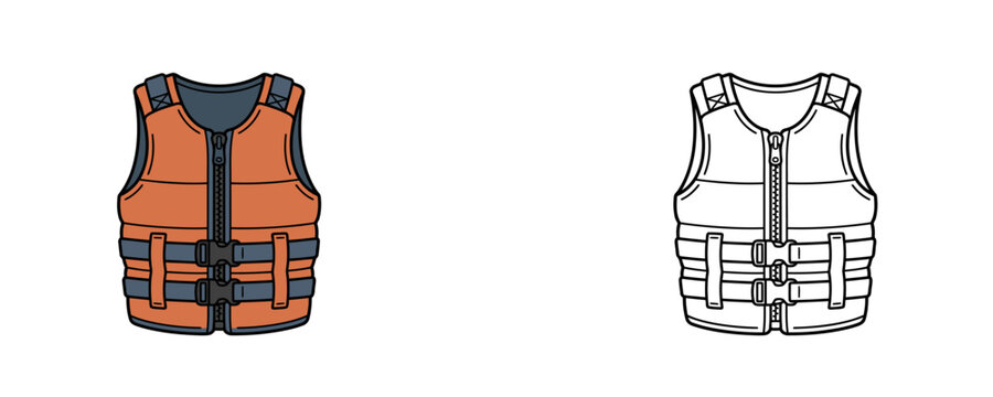 Water sports impact vest illustrations in flat color and black line styles representing protective safety gear worn for wakeboarding, kitesurfing, or jet skiing