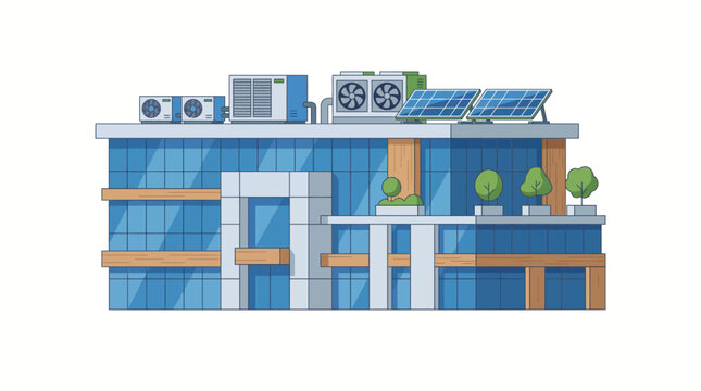 Modern Commercial Office Building with Rooftop Solar Panels and HVAC System
