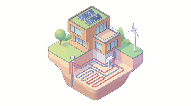 Isometric Geothermal House System Cross Section with Wind Turbine