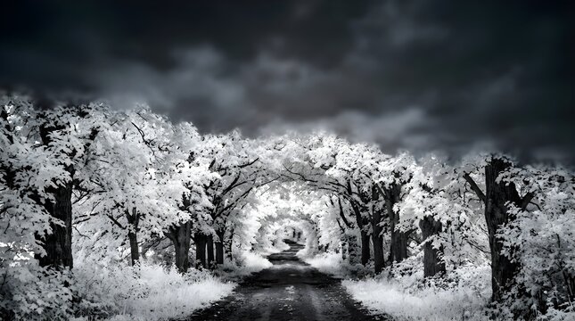 Infrared rural road path lined with trees under a dark dramatic sky