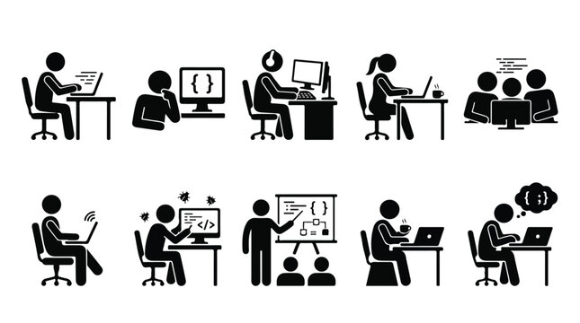 Software developer stick figure icon set, computer programmer working at desk vector, coding and web development team silhouettes