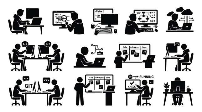 Software developer stick figure icons, programmer coding at computer workstation set, web development and IT engineering vector illustrations