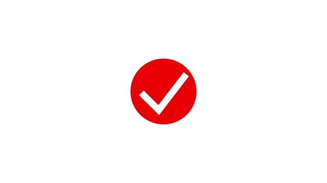 Green check mark icon in red circle animation on black background.4 k video...