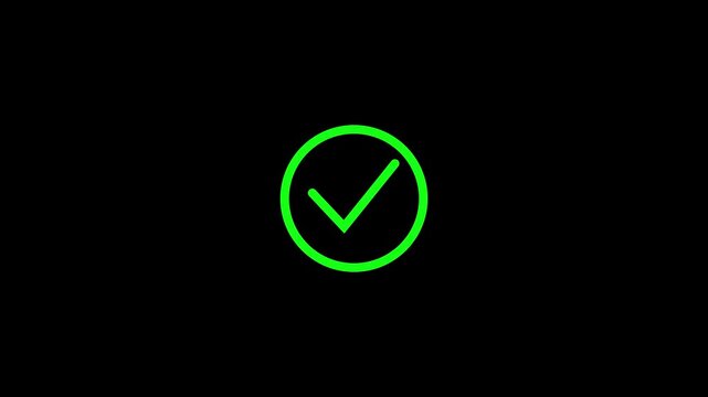 Green check mark icon in red circle animation on black background.4 k video...