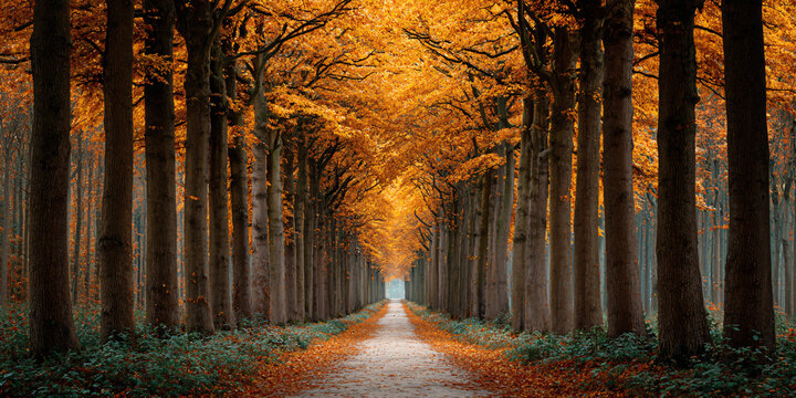 Golden Autumn Forest Alley Path Covered with Fallen Leaves