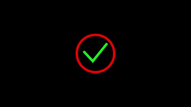 Green check mark icon in red circle animation on black background.4 k video...