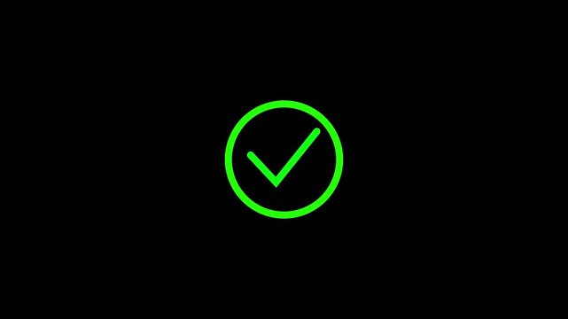 Green check mark icon in red circle animation on black background.4 k video...