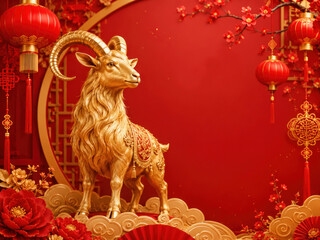 Fototapeta premium Golden Goat for Chinese New Year 2027 on Red Festive Background