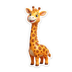 Fototapeta premium Cute cartoon giraffe character with a friendly smile, 3D animated animal sticker on a white background