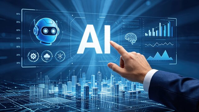 Hand pointing at large AI text on futuristic holographic interface screen above smart city skyline, representing business analytics