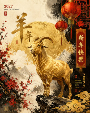 2027 Year of the Goat Chinese New Year Poster with Golden Ram