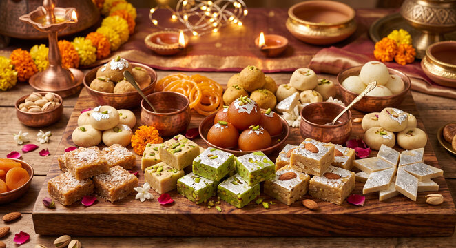 Traditional South Asian sweets mithai platter decorated with marigolds and diyas for a festive celebration