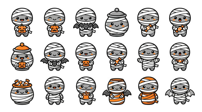 Cute mummy characters and mummy wrapped Halloween treat containers.