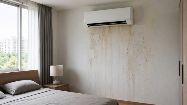 A bedroom with an air conditioner above the bed shows water damage and mold stains on the wall beneath the unit.