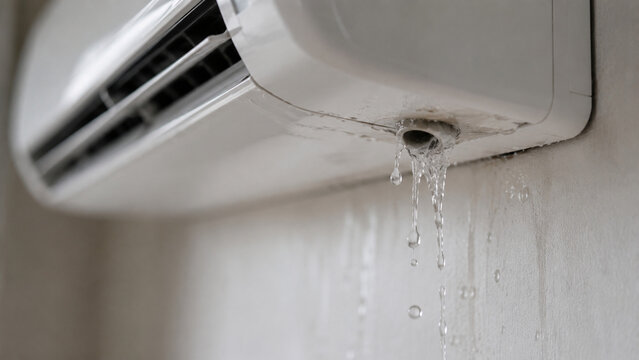 A close-up of a white air conditioner leaking water onto a wall, causing visible moisture and dripping droplets.