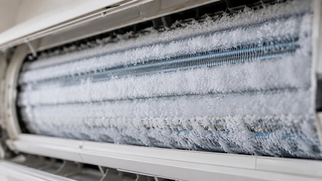 Close-up of a heavily frosted air conditioner evaporator coil with visible ice buildup inside a unit.