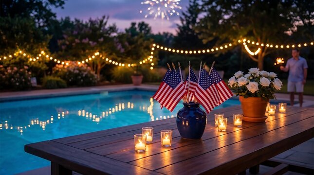 Illuminated swimming pool patio decorated for an Independence Day evening celebration.