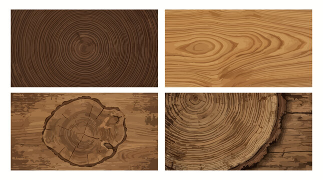 Abstract set of natural wooden textures featuring organic eco concept backgrounds with detailed annual rings pattern, rustic tree trunk cross section stamps, and concentric circular templates.