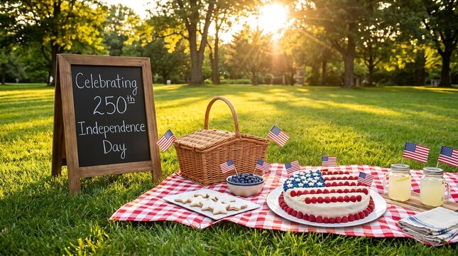 Independence Day picnic setup on a lawn with a cake and basket at sunset.