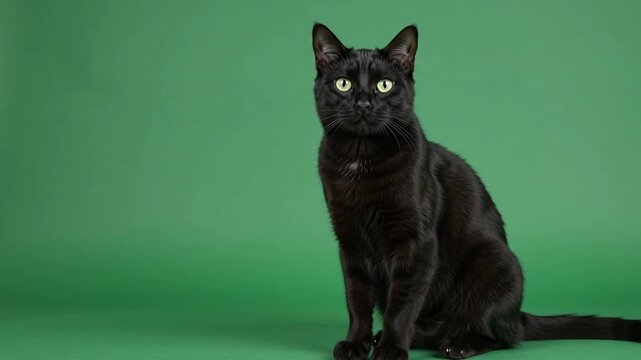 Full body shot of a black cat sitting on a green screen chromakey background and looking intently into the camera. Elegant domestic pet with bright yellow-green eyes demonstrates calmness and grace