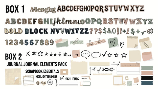 Vintage Scrapbook Journal Elements Pack, Aesthetic Stationery Stickers and Bold Block Alphabet Vector Set, Muted Earth Tone Planner Supplies