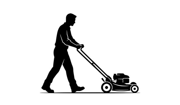 Black Gardener with Push Mower Vector Silhouette for Lawn Care Design