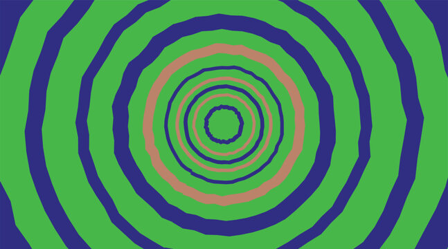 Psychedelic concentric circle background, vibrant green and blue hypnotic spiral pattern, retro wavy tunnel vector illustration for trippy visuals